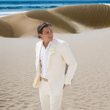 льняной свадебный смокинг для мужчин пляжный приталенный костюм из 2 предметов костюмы летняя мода стиль жениха наряд зубчатый пиджак с лацканом и брюками