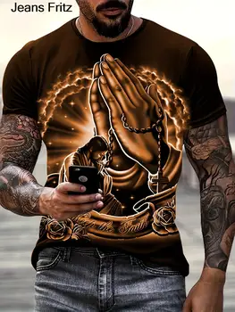 Jesus Element Print Мужская футболка с круглым вырезом и коротким рукавом больших размеров Дышащий и удобный топ 2023 Летняя новая футболка в стиле хип-хоп